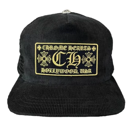 Chrome Hearts CH Hollywood Corduroy Trucker Hat – Black/Gold